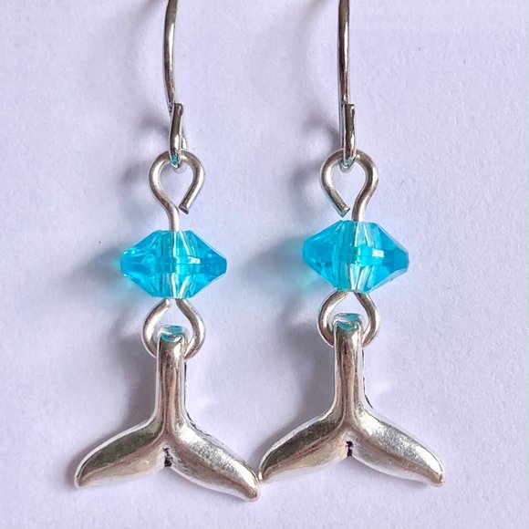 Silver Mermaid Whale Tail Earrings Aqua Bead Plated Dangle Dainty Nautical - Picture 9 of 12